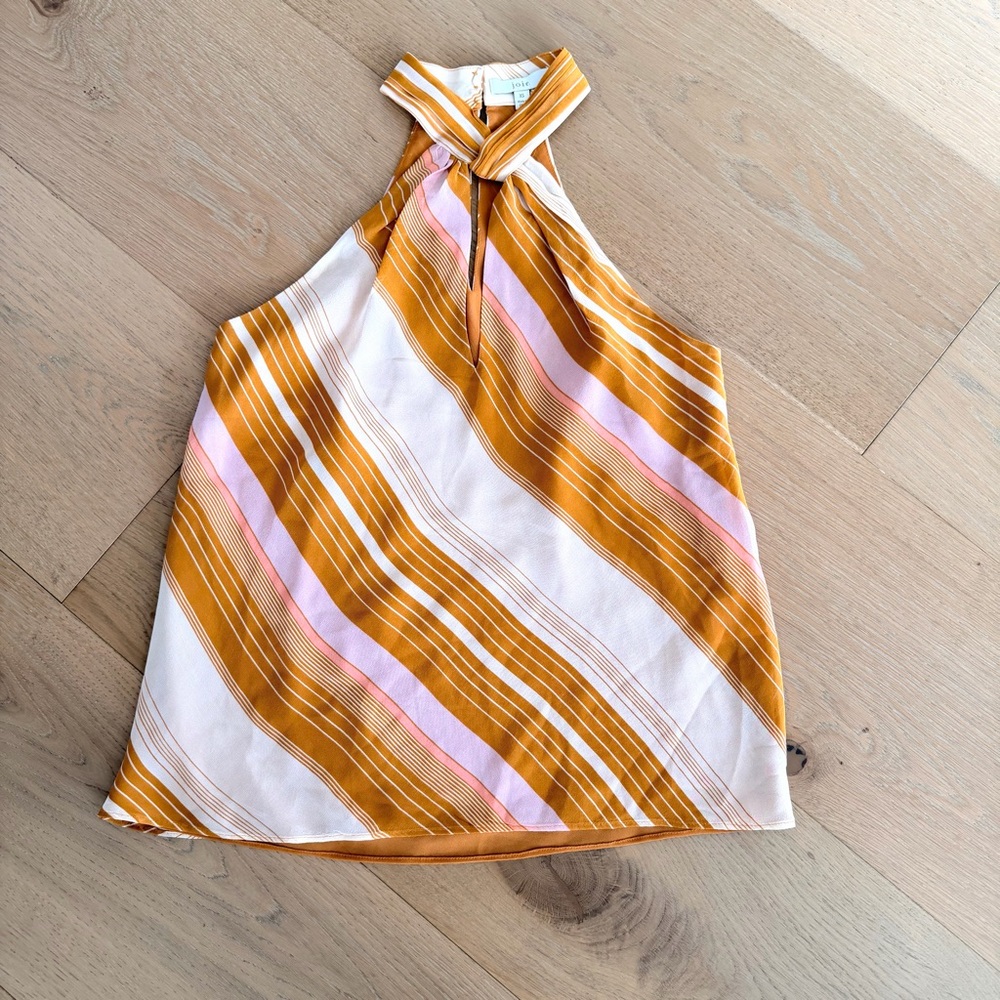 Joie Diagonal Striped Silk Halter Top in Dark Orange and Pink - XS